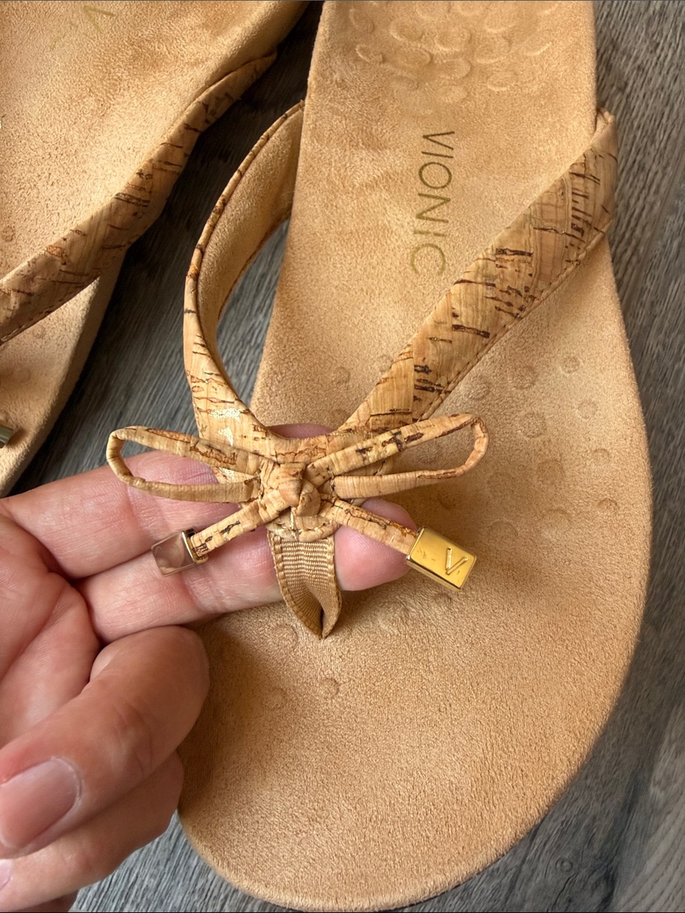 Vionic Tan Bow Thong Sandals with Gold Bead Accents - Picture 7 of 8